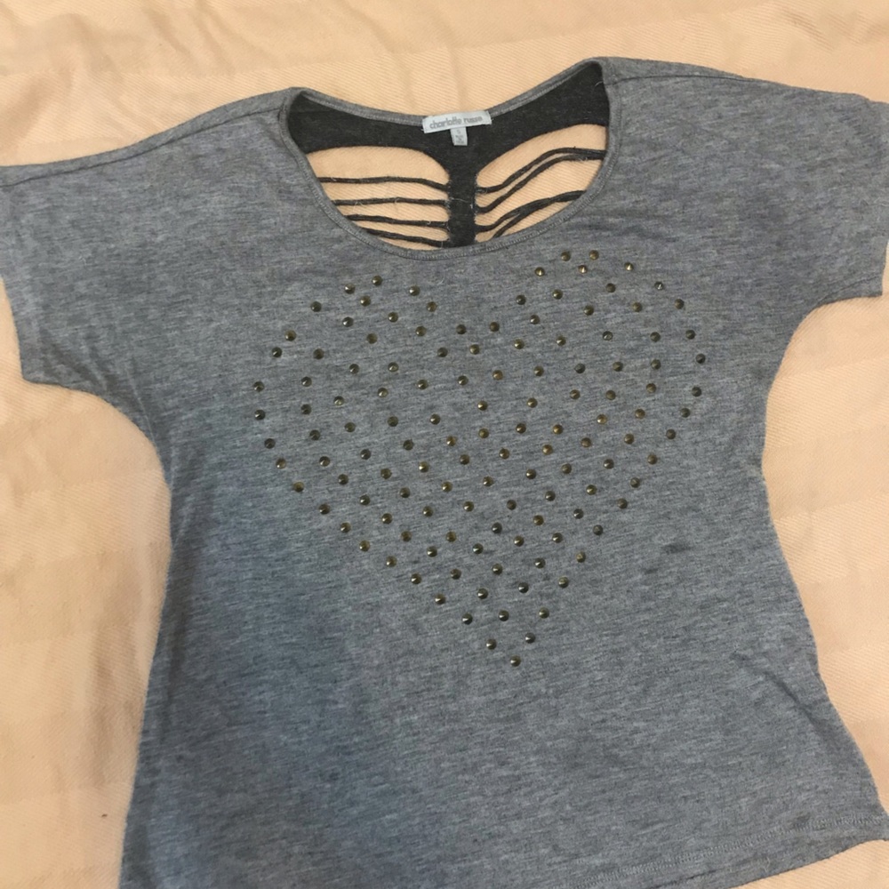 Grey tee with heart cut out design on back.